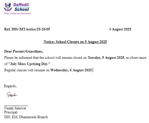 Notice: School Closure on 5 August 2025